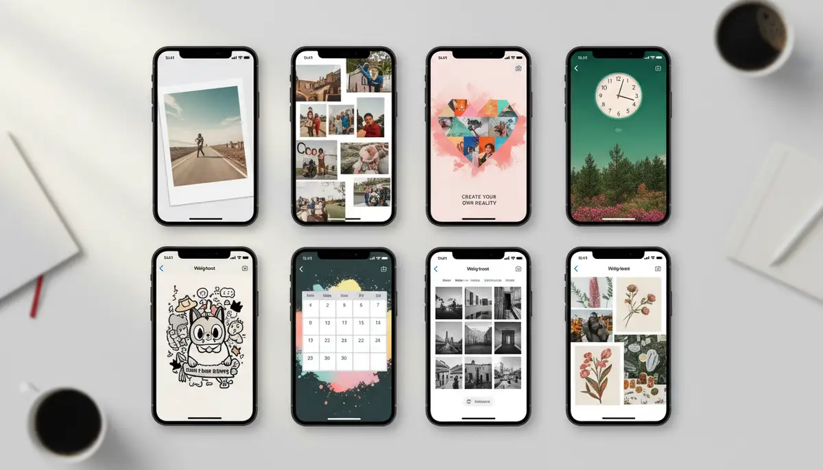 A collage of different iPhone screens featuring unique image widget designs created using a third-party app, demonstrating creativity and personalization., high-quality photography, professional lighting, sharp focus, realistic, detailed