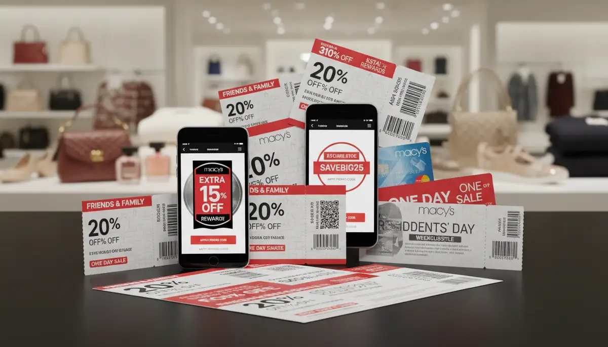 A collage of different types of Macy's coupons and promo codes (digital and physical), overlaid on a background of stylish Macy's merchandise., high-quality photography, professional lighting, sharp focus, realistic, detailed