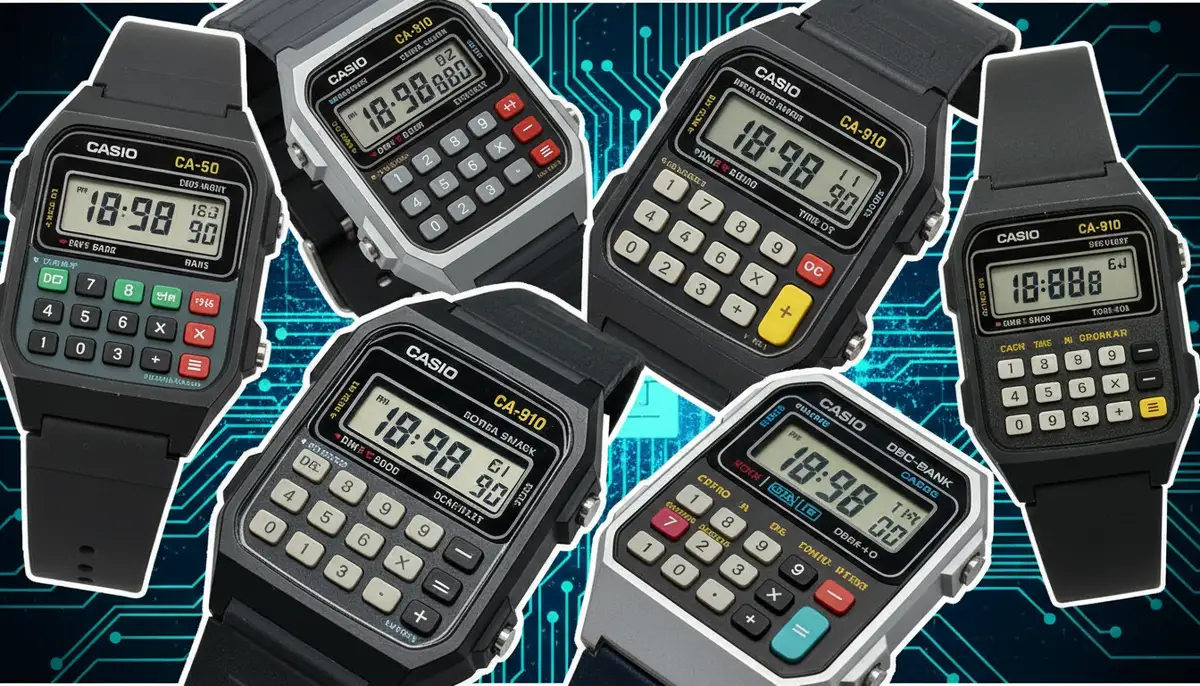 A collage of different vintage Casio calculator watches, highlighting their unique buttons and retro digital displays, against a tech-inspired backdrop., high-quality photography, professional lighting, sharp focus, realistic, detailed