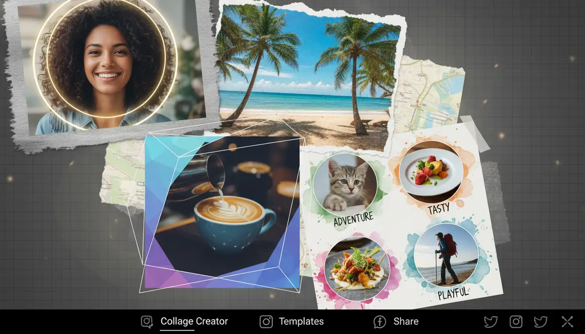 A collage of diverse photos created using a mobile app, showcasing various layouts and artistic elements., high-quality photography, professional lighting, sharp focus, realistic, detailed