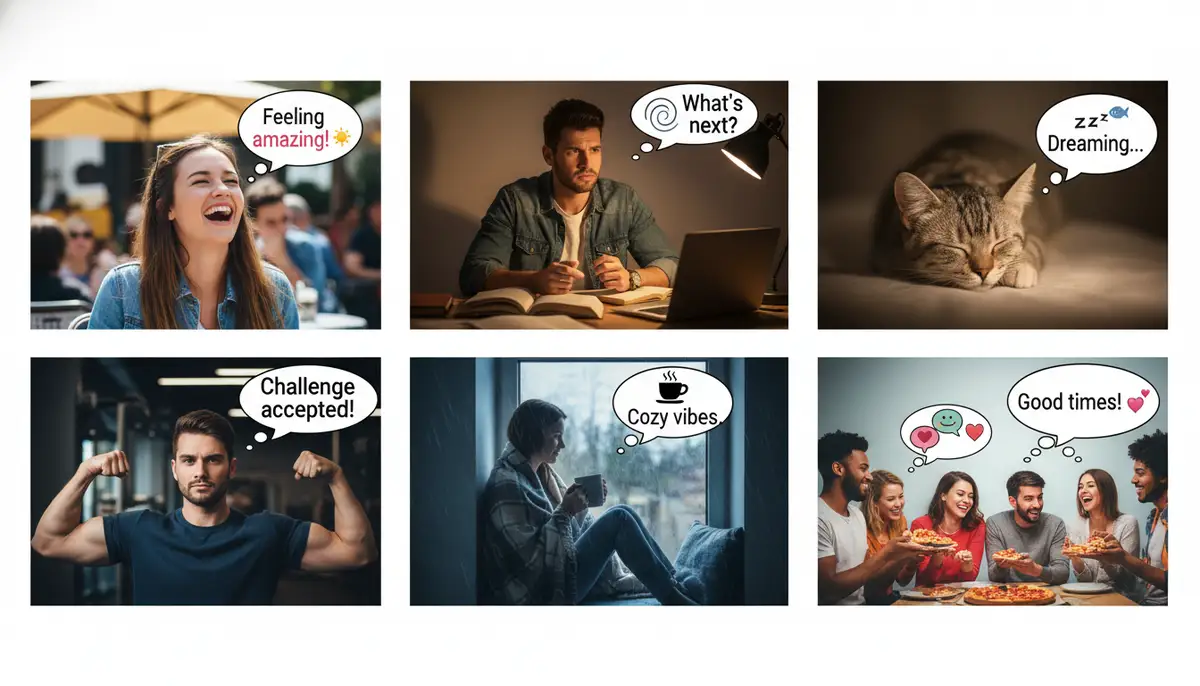 A collage of diverse photos, each enhanced with a unique thought bubble, showcasing different moods and messages., high-quality photography, professional lighting, sharp focus, realistic, detailed