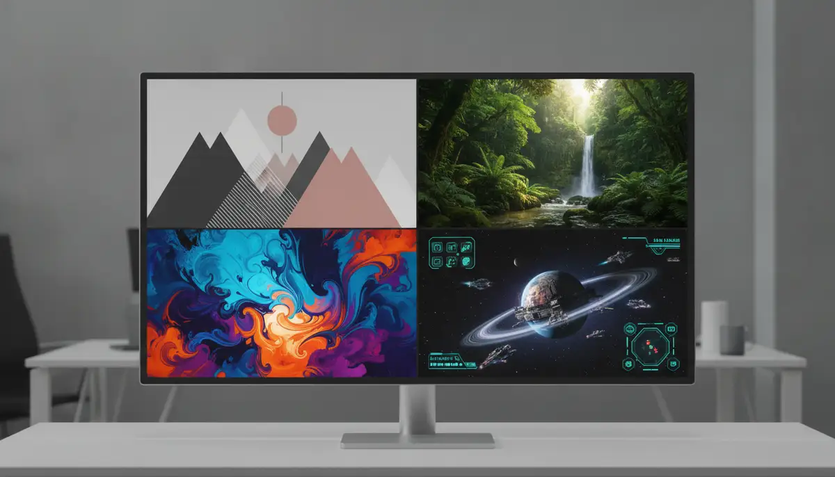 A collage of diverse wallpaper styles: minimalist, nature, abstract, and gaming themes, arranged neatly on a digital display, showcasing variety., high-quality photography, professional lighting, sharp focus, realistic, detailed