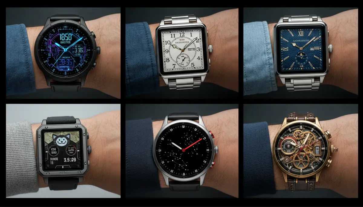 A collage of diverse WatchMaker watch faces on different smartwatches, illustrating various styles from futuristic digital to classic analog, highlighting customization., high-quality photography, professional lighting, sharp focus, realistic, detailed