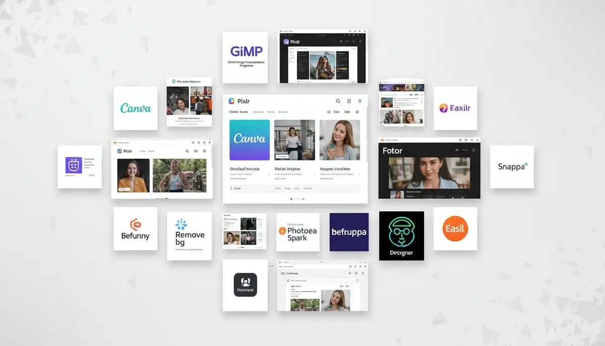 A collage of small screenshots or icons representing different free online photo editing websites, arranged in a modern, clean design., high-quality photography, professional lighting, sharp focus, realistic, detailed