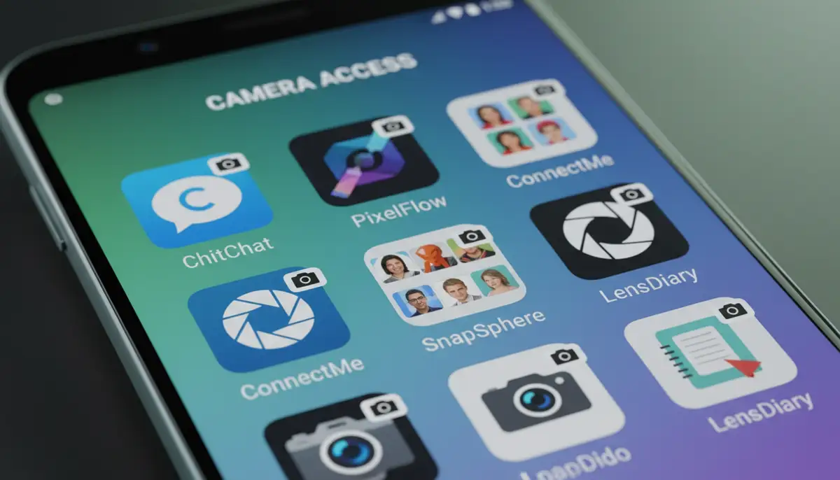 A collage of various apps (social media, video conferencing, photography) on an Android phone screen, each with a small camera icon, representing diverse uses of camera access., high-quality photography, professional lighting, sharp focus, realistic, detailed