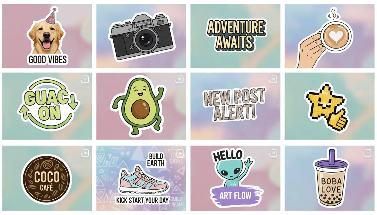 A collage of various custom Instagram stickers, showcasing different styles from cutout photos to animated GIFs, used by brands and individuals., high-quality photography, professional lighting, sharp focus, realistic, detailed