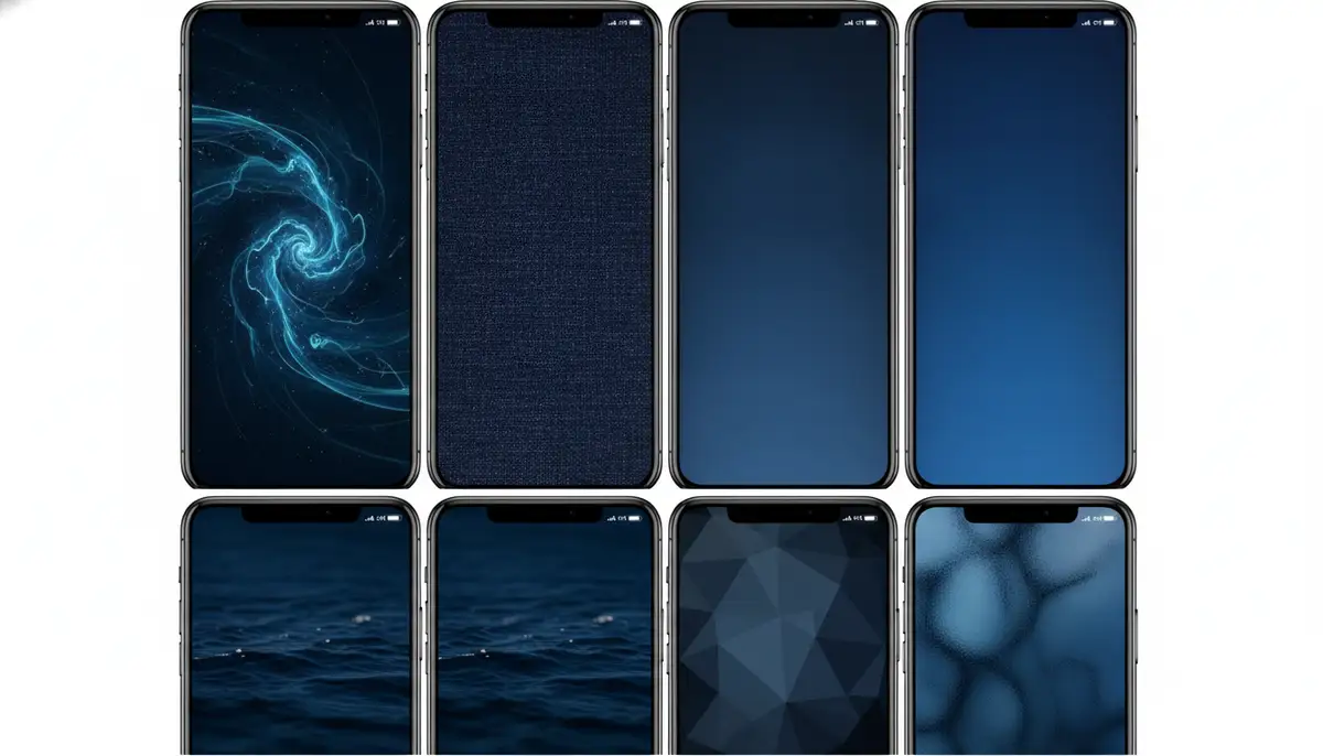 A collage of various dark navy blue iPhone wallpaper designs, including abstract, gradient, and textured options, showcasing diversity., high-quality photography, professional lighting, sharp focus, realistic, detailed