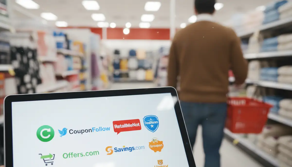 A collage of various digital coupon website logos (like CouponFollow, RetailMeNot) displayed on a tablet screen, with a blurred background of a person browsing through Target products., high-quality photography, professional lighting, sharp focus, realistic, detailed