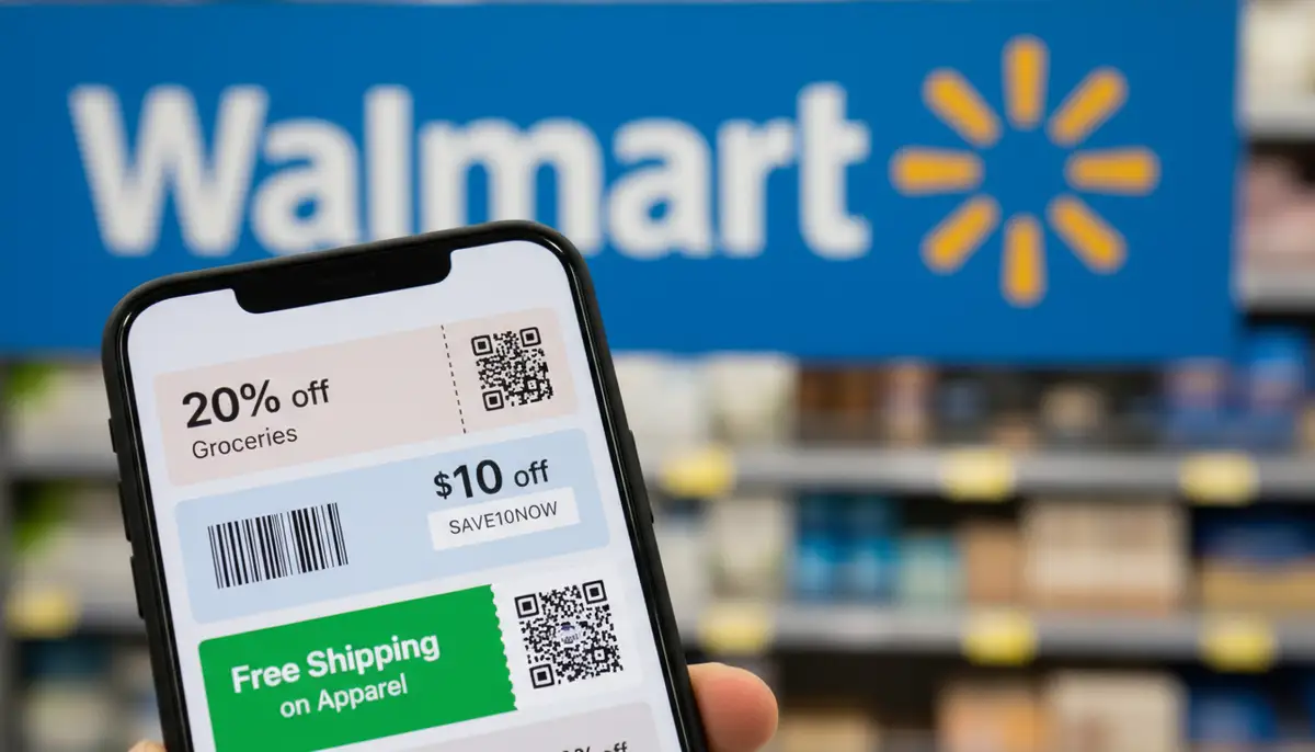 A collage of various digital coupons and codes displayed on a smartphone screen, with a blurred Walmart logo in the background., high-quality photography, professional lighting, sharp focus, realistic, detailed