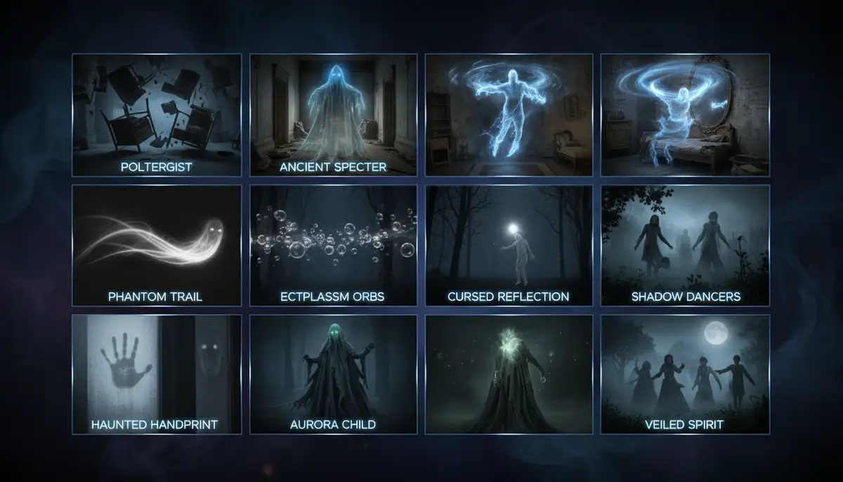 A collage of various ghost figures and spectral effects available within a photo editing app, showcasing diversity and realism., high-quality photography, professional lighting, sharp focus, realistic, detailed