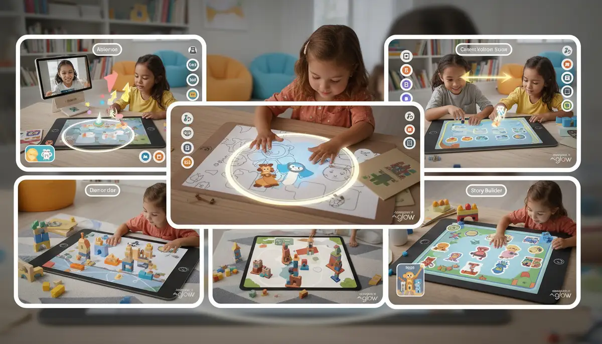 A collage of various interactive games and activities that were available through the Amazon Glow app, showcasing creativity and learning., high-quality photography, professional lighting, sharp focus, realistic, detailed