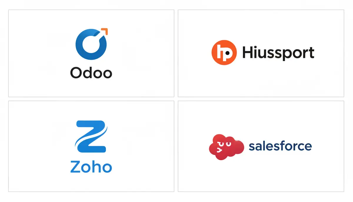 A collage or grid of various CRM software logos, including Odoo, HubSpot, Zoho, and Salesforce, representing the diverse market options for businesses.
