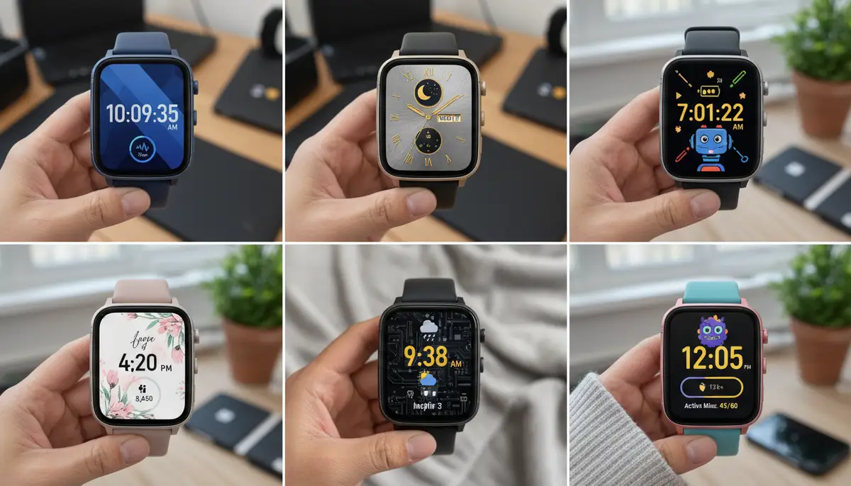 A collage showing various custom watch faces on different Fitbit models, emphasizing personalization and accurate time display., high-quality photography, professional lighting, sharp focus, realistic, detailed