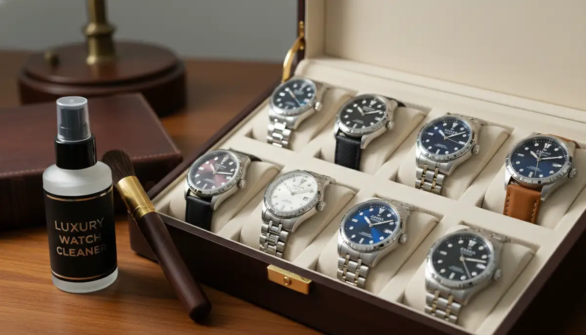 A collection of automatic watches safely stored in a plush watch box, alongside a bottle of watch cleaner and a soft brush., high-quality photography, professional lighting, sharp focus, realistic, detailed