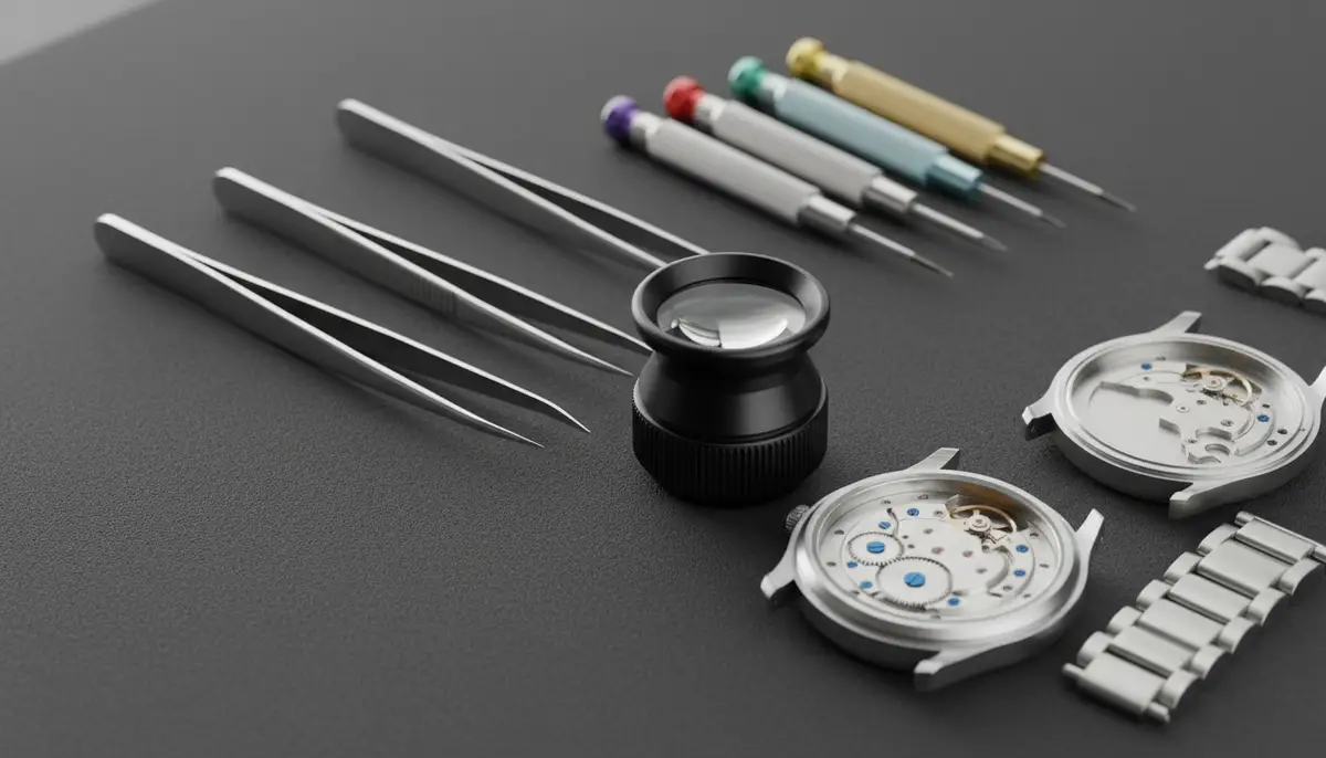 A collection of different watch tools (tweezers, screwdrivers, loupe) laid out neatly next to a half-disassembled watch, emphasizing precision and maintenance., high-quality photography, professional lighting, sharp focus, realistic, detailed