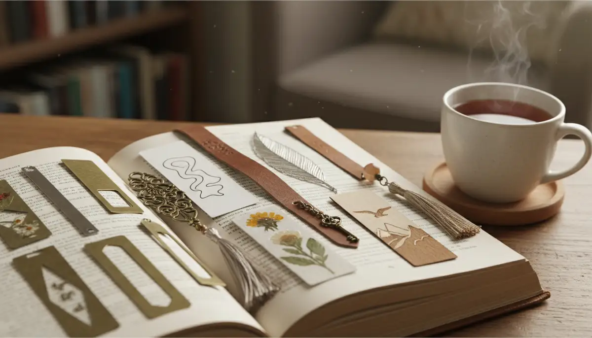 A collection of diverse aesthetic bookmarks, including minimalist, vintage, and nature-inspired designs, spread on an open book next to a cup of tea, soft lighting., high-quality photography, professional lighting, sharp focus, realistic, detailed