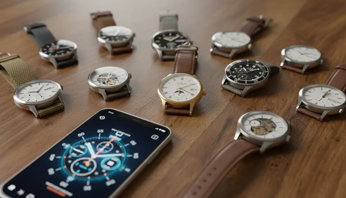 A collection of diverse analog watches on a wooden surface, showcasing different styles and complications, with a smartphone displaying a digital watch face in the foreground., high-quality photography, professional lighting, sharp focus, realistic, detailed