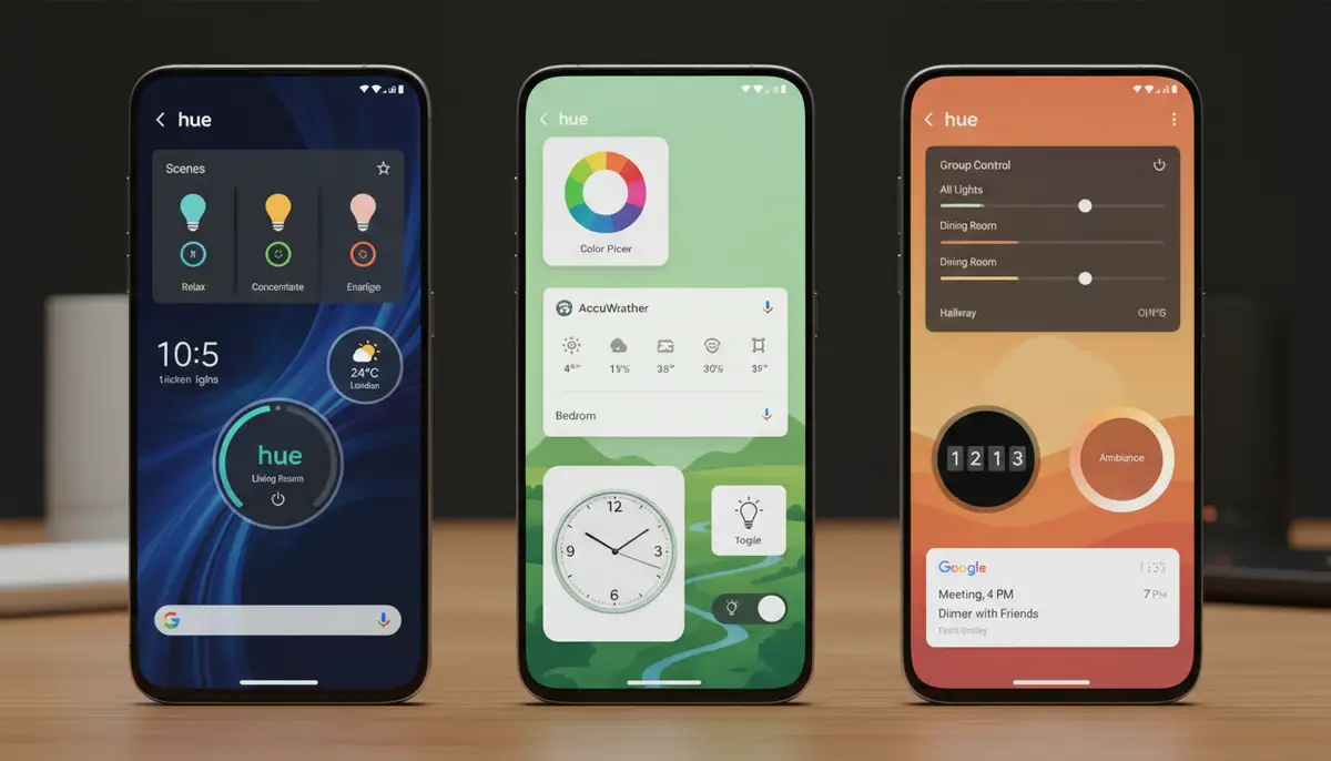 A collection of diverse Android home screens featuring various Hue widgets, alongside other popular widgets like weather and clock, demonstrating seamless integration and personalization., high-quality photography, professional lighting, sharp focus, realistic, detailed