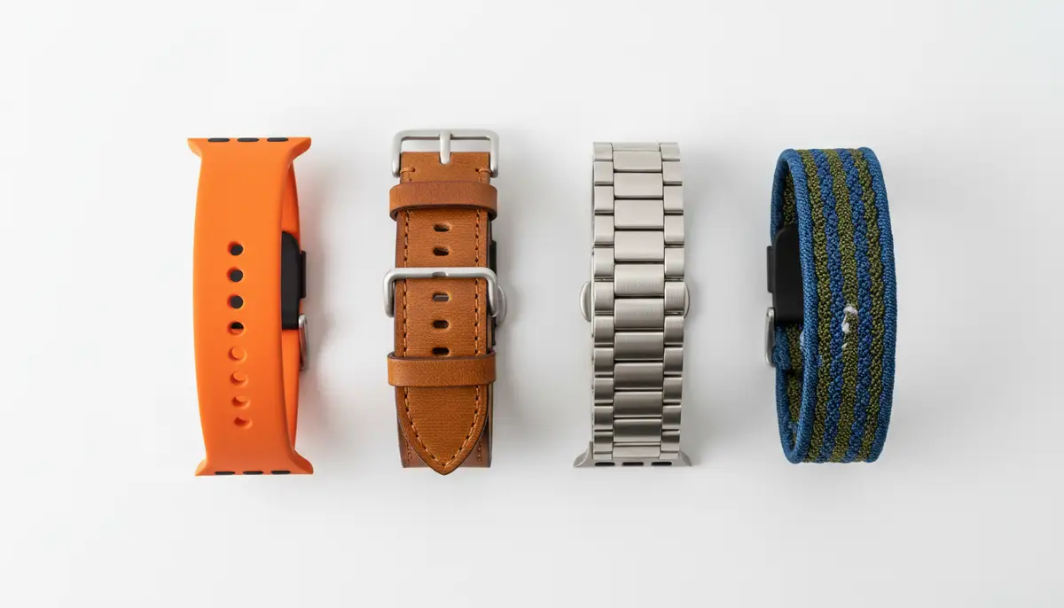 A collection of diverse Apple Watch straps laid out on a clean white surface: a vibrant sport band, a classic leather strap, a sophisticated metal link bracelet, and a comfortable braided solo loop, showcasing different textures and colors., high-quality photography, professional lighting, sharp focus, realistic, detailed