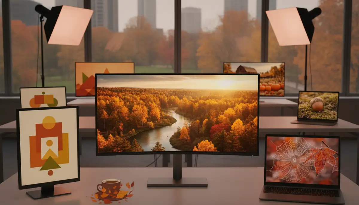 A collection of diverse fall computer wallpaper backgrounds displayed on multiple screens, showing various styles from minimalist to detailed nature scenes., high-quality photography, professional lighting, sharp focus, realistic, detailed