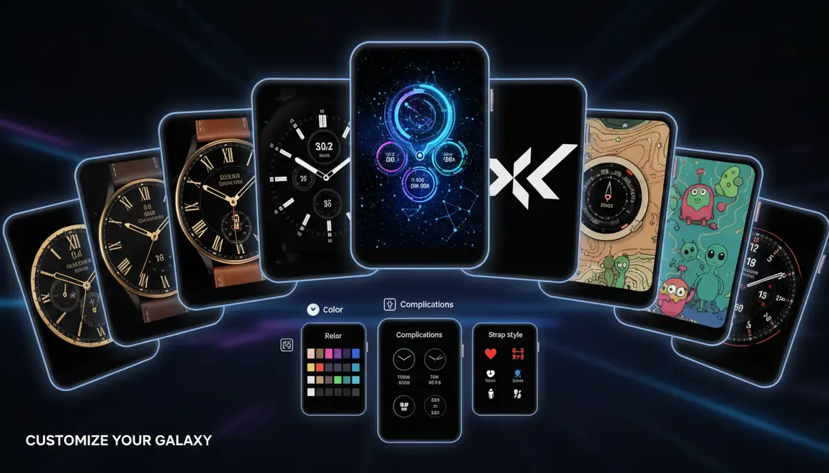 A collection of diverse Galaxy Watch faces displayed on multiple virtual watch screens, showcasing various styles from futuristic to classic, with customization options highlighted., high-quality photography, professional lighting, sharp focus, realistic, detailed