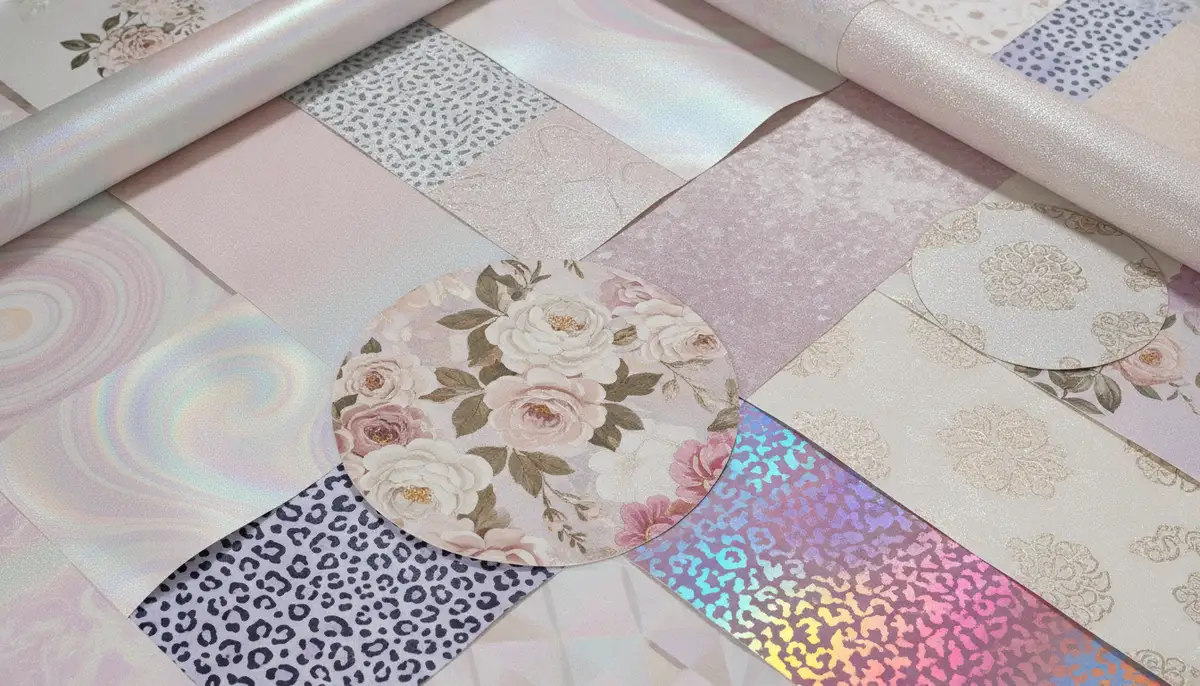 A collection of diverse girly wallpaper patterns and textures, including iridescent, holographic, and soft matte finishes, arranged artfully., high-quality photography, professional lighting, sharp focus, realistic, detailed