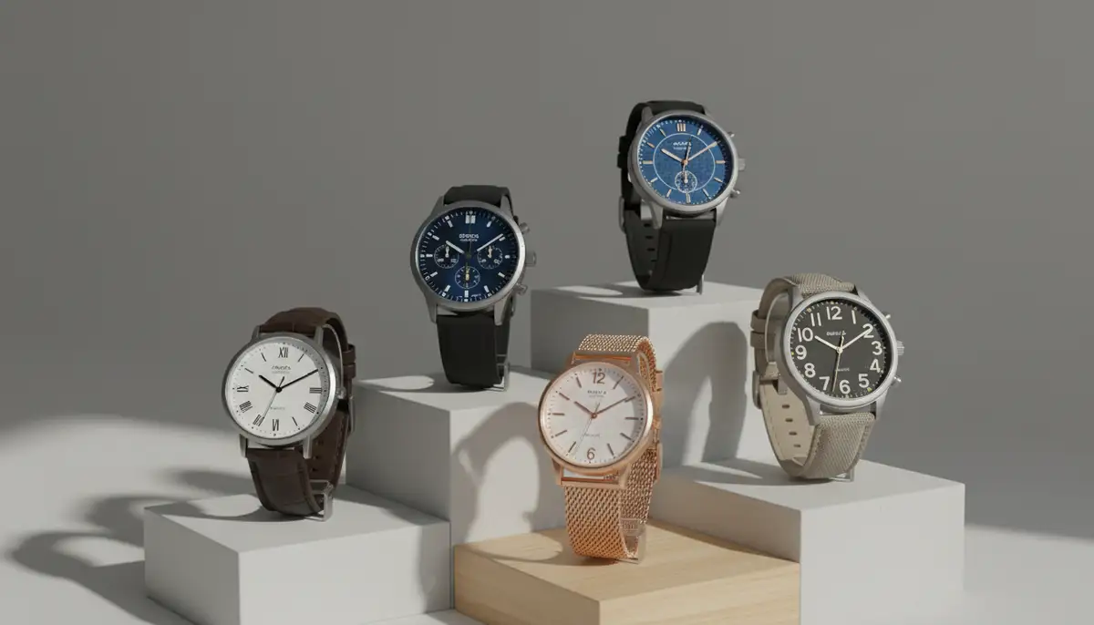 A collection of diverse quartz analog watches displayed on a minimalist stand, featuring various styles from classic to sporty, highlighting their aesthetic versatility., high-quality photography, professional lighting, sharp focus, realistic, detailed