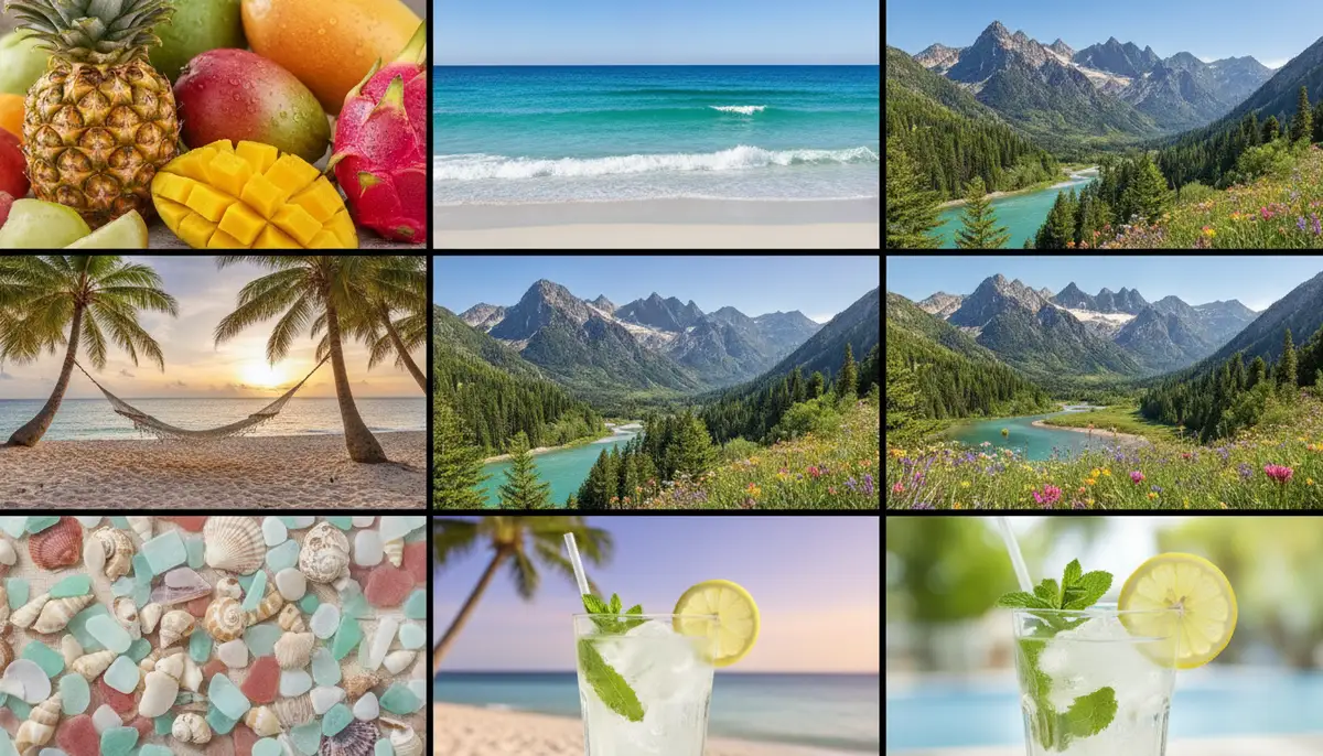 A collection of diverse summer desktop backgrounds wallpapers laid out digitally, showcasing themes like tropical fruits, ocean waves, and mountain landscapes in summer., high-quality photography, professional lighting, sharp focus, realistic, detailed