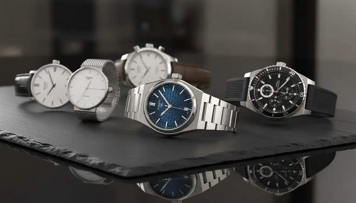 A collection of Tissot watches, including quartz, automatic, and a chronograph model, displayed neatly on a dark, polished surface, showcasing variety., high-quality photography, professional lighting, sharp focus, realistic, detailed