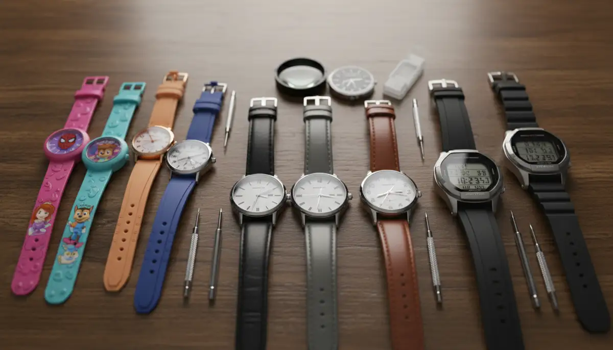 A collection of various Accutime watches (analog, digital, kids') neatly arranged on a wooden surface, ready for time adjustment., high-quality photography, professional lighting, sharp focus, realistic, detailed