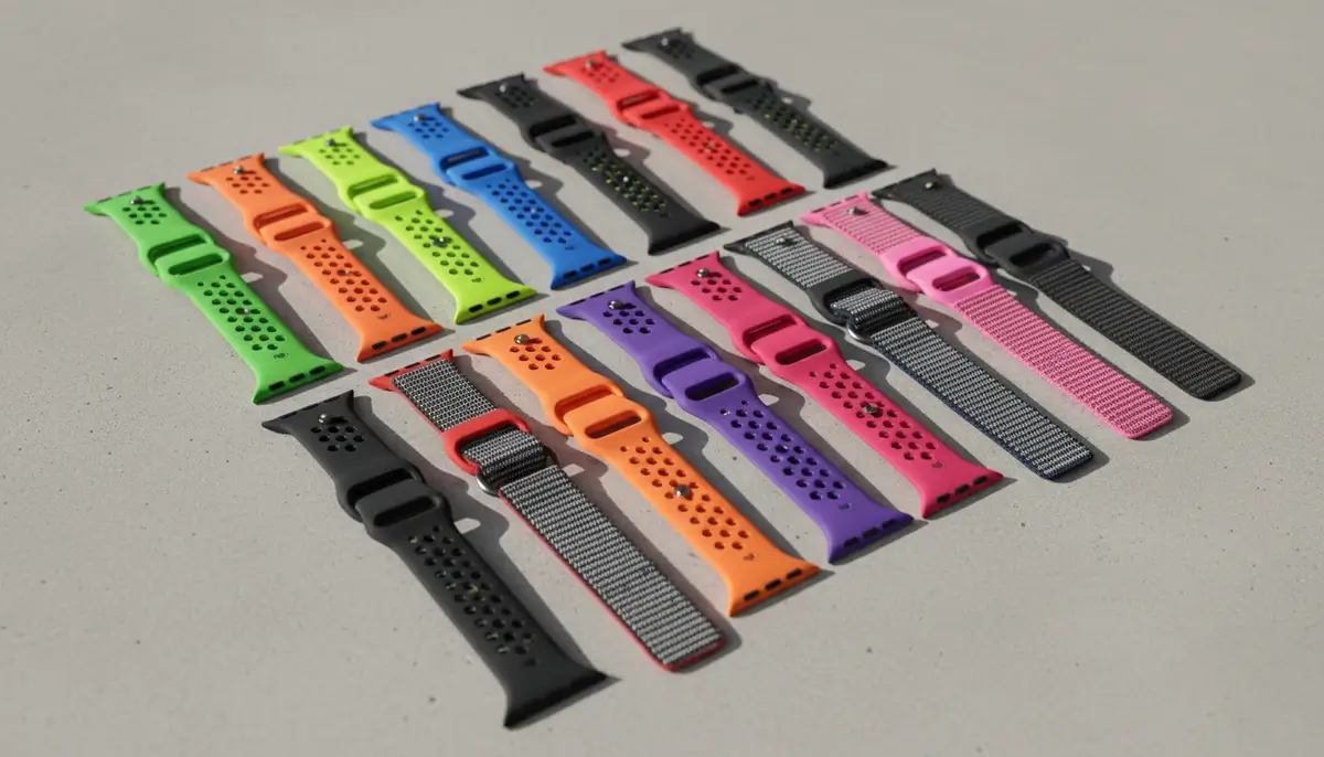 A collection of various Apple Watch Nike bands in different vibrant colors, laid out neatly on a clean surface., high-quality photography, professional lighting, sharp focus, realistic, detailed