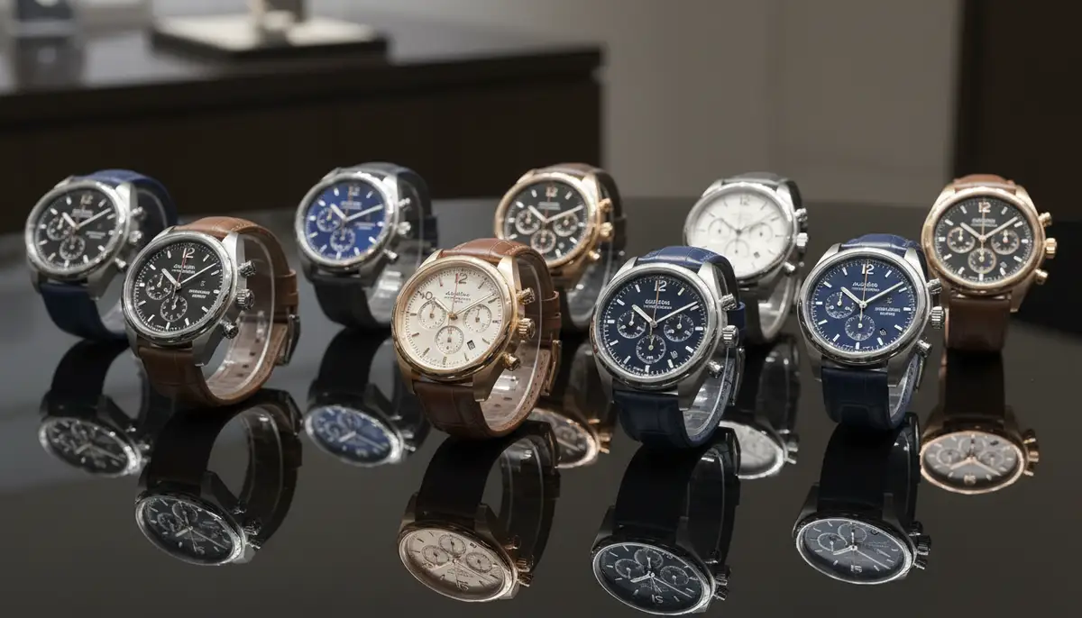 A collection of various chronograph watches, including both quartz and mechanical models, displayed elegantly on a dark, reflective surface., high-quality photography, professional lighting, sharp focus, realistic, detailed
