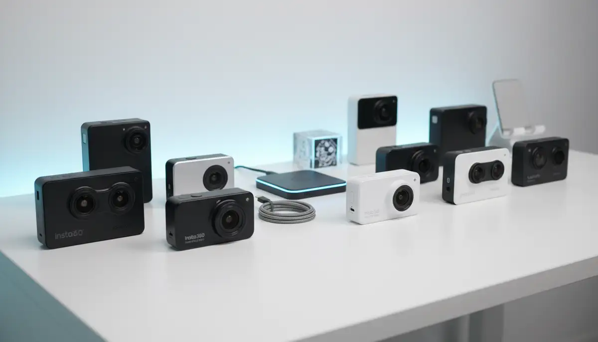 A collection of various modern 360 degree camera models, compatible with Android phones, neatly arranged on a minimalist white desk with subtle tech accents., high-quality photography, professional lighting, sharp focus, realistic, detailed