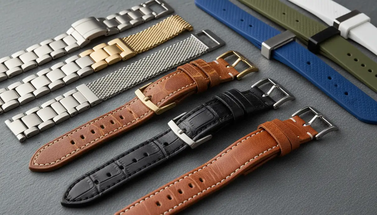 A collection of various watch straps made of different materials like leather, metal, and silicone, neatly arranged., high-quality photography, professional lighting, sharp focus, realistic, detailed