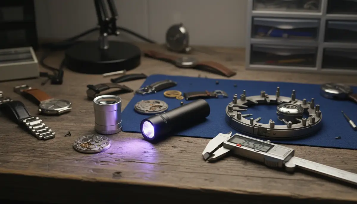 A collection of watch authentication tools, including a loupe, UV light, case back opener, and a digital caliper, neatly arranged on a workbench., high-quality photography, professional lighting, sharp focus, realistic, detailed