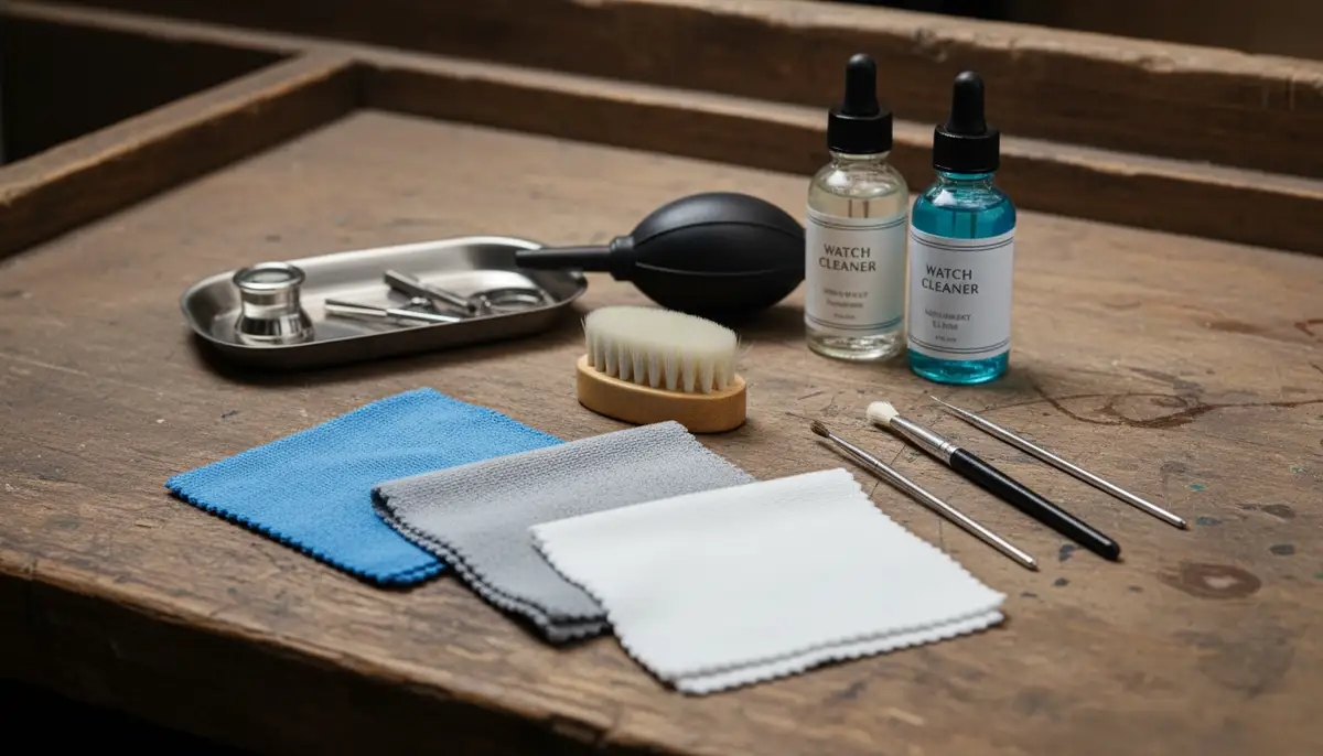 A collection of watch cleaning tools, including microfiber cloths, soft brushes, and cleaning solutions, neatly arranged on a workbench., high-quality photography, professional lighting, sharp focus, realistic, detailed