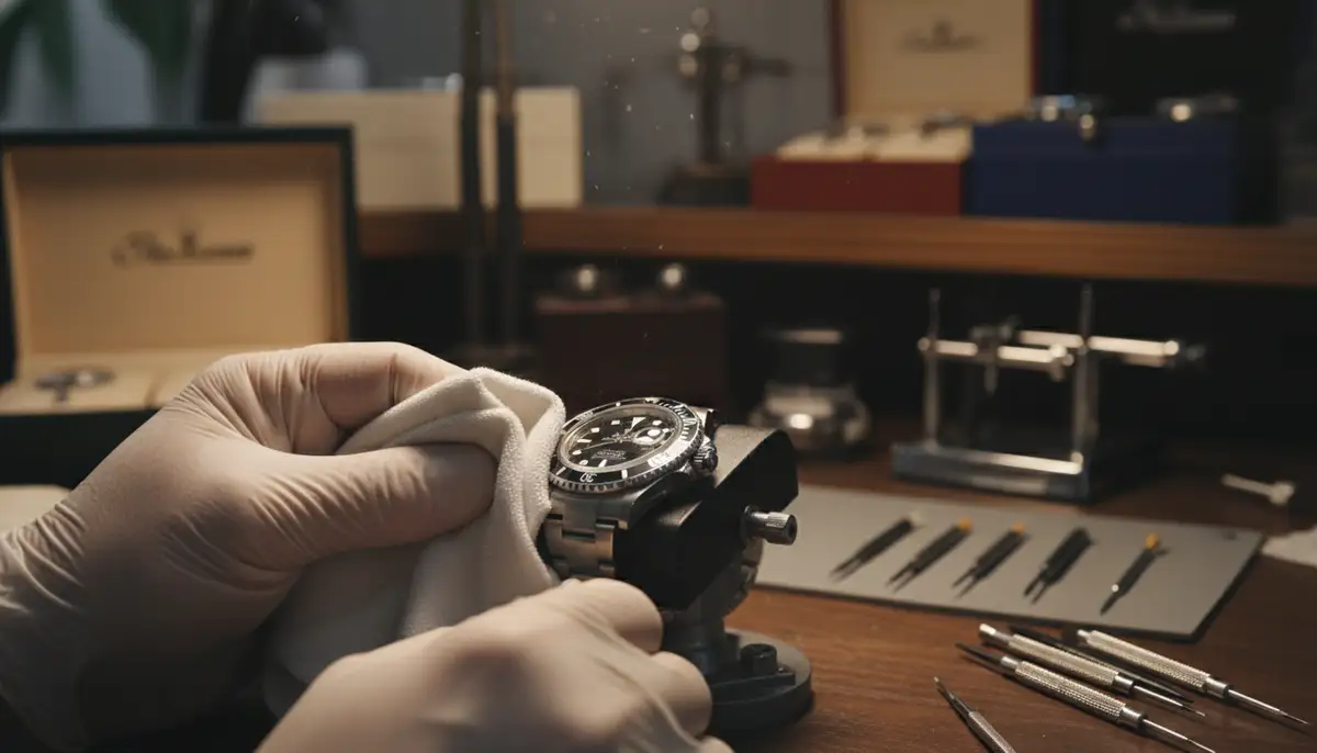 A collector meticulously cleaning a Rolex Submariner with a soft cloth and specialized tools, in a well-lit, organized watch workshop., high-quality photography, professional lighting, sharp focus, realistic, detailed