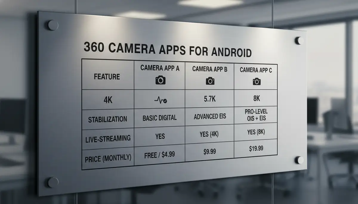 A comparison chart infographic highlighting key features like resolution, stabilization, and live-streaming capabilities of different 360 video camera app Android options., high-quality photography, professional lighting, sharp focus, realistic, detailed