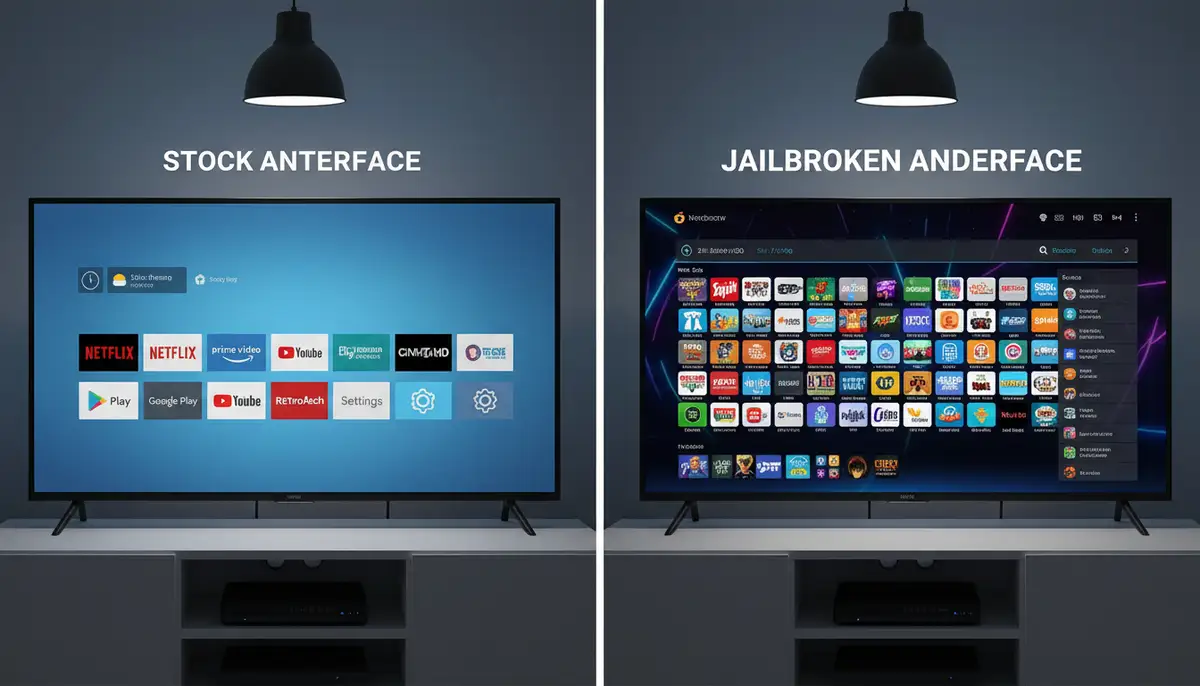 A comparison graphic showing a 'stock' Android box interface next to a 'jailbroken' one with many more app icons and advanced customization options., high-quality photography, professional lighting, sharp focus, realistic, detailed