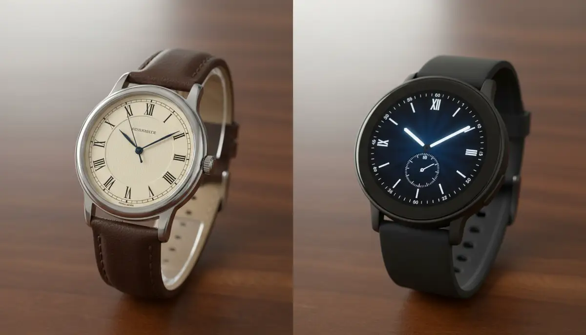 A comparison image of a classic analog watch next to a modern smartwatch displaying an analog-style watch face, representing the blend of old and new., high-quality photography, professional lighting, sharp focus, realistic, detailed