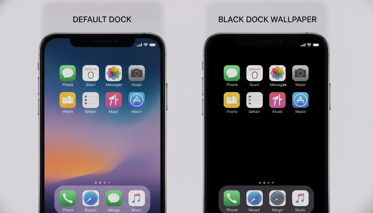 A comparison image showing an iPhone screen with a default dock versus one with a black dock wallpaper, highlighting the visual improvement., high-quality photography, professional lighting, sharp focus, realistic, detailed
