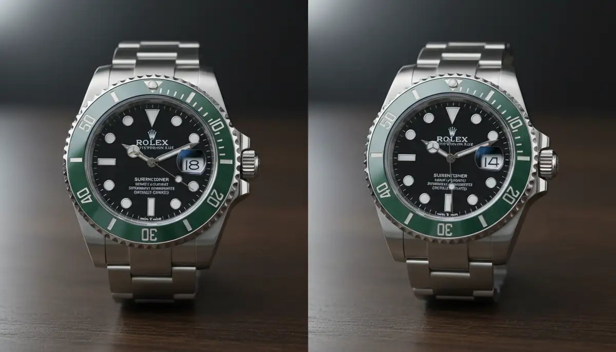 A comparison shot of a genuine luxury watch side-by-side with its super clone counterpart, highlighting their near-identical appearances., high-quality photography, professional lighting, sharp focus, realistic, detailed
