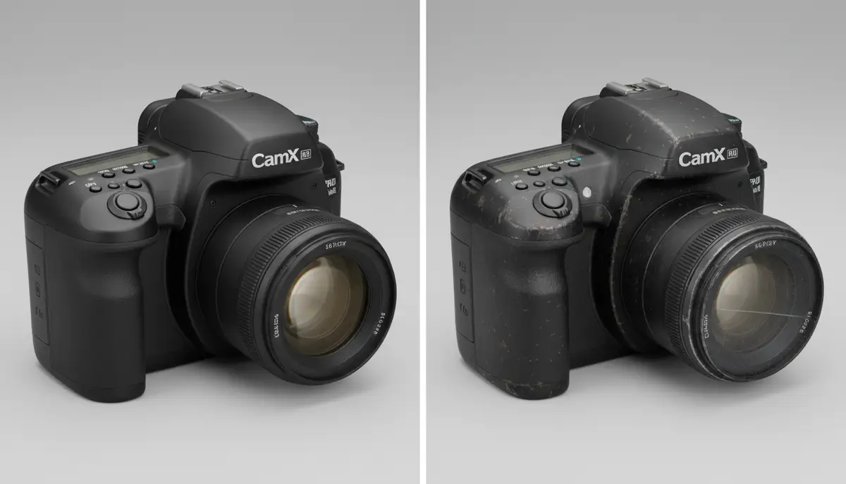 A comparison shot of two used cameras, one looking pristine with a low shutter count, the other showing wear and tear with a high shutter count, on a clean background., high-quality photography, professional lighting, sharp focus, realistic, detailed
