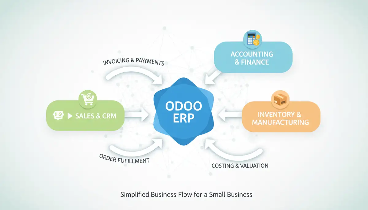 A complex data flow diagram simplified into a clean, intuitive visual, representing how Odoo ERP connects different business functions like sales, accounting, and inventory for a small business.