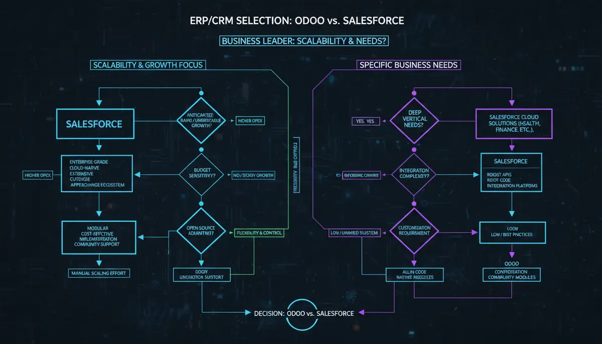 A complex decision tree or flowchart visually guiding a business leader through the considerations when choosing between Odoo and Salesforce, focusing on scalability and specific business needs. Digital aesthetic.