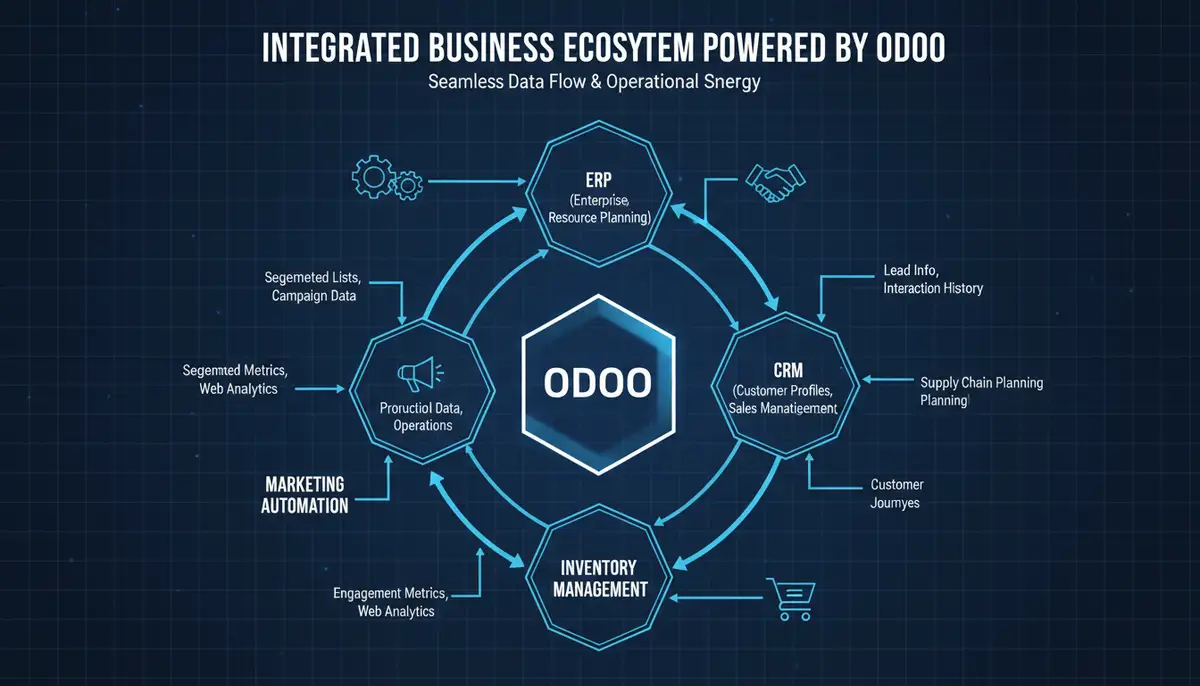 A complex diagram showing various business systems (ERP, CRM, Marketing, Inventory) seamlessly integrated around a central Odoo platform, illustrating data flow.
