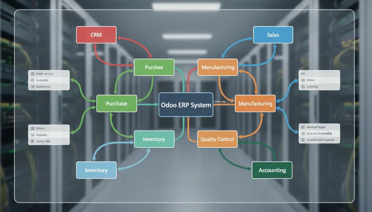 A complex flowchart illustrating various integrated Odoo modules like CRM, Sales, Manufacturing, and Accounting, with data flowing between them.