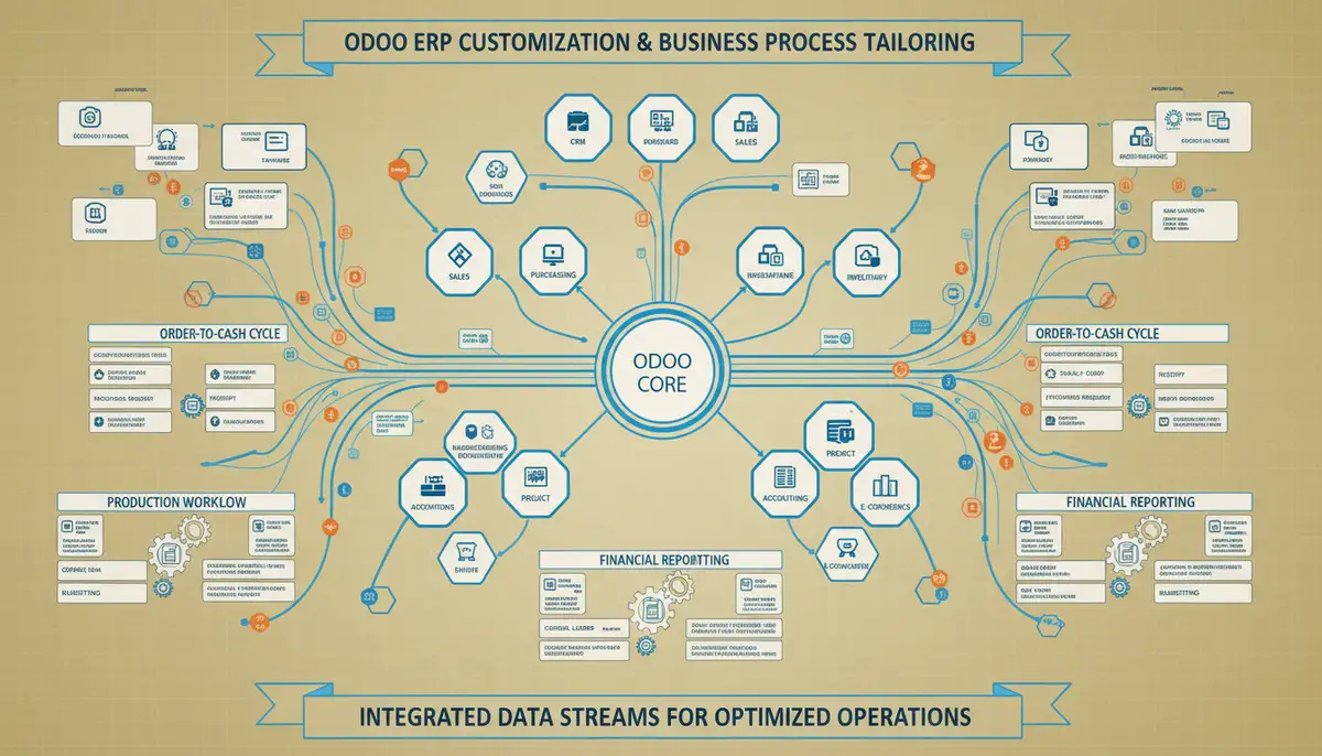 A complex flowchart illustrating various modules of Odoo ERP interconnected and being tailored to specific business processes, with gears and data streams.
