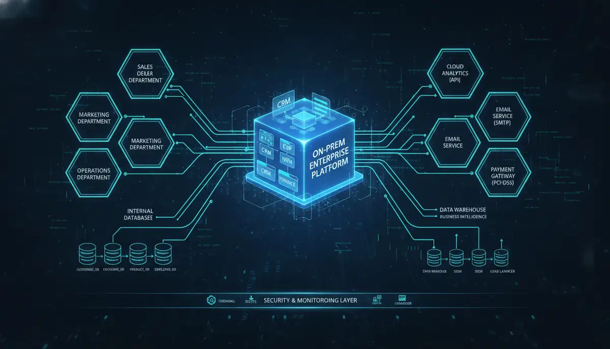 A complex network diagram showing an on-premise enterprise software system integrated with various internal departments and databases.