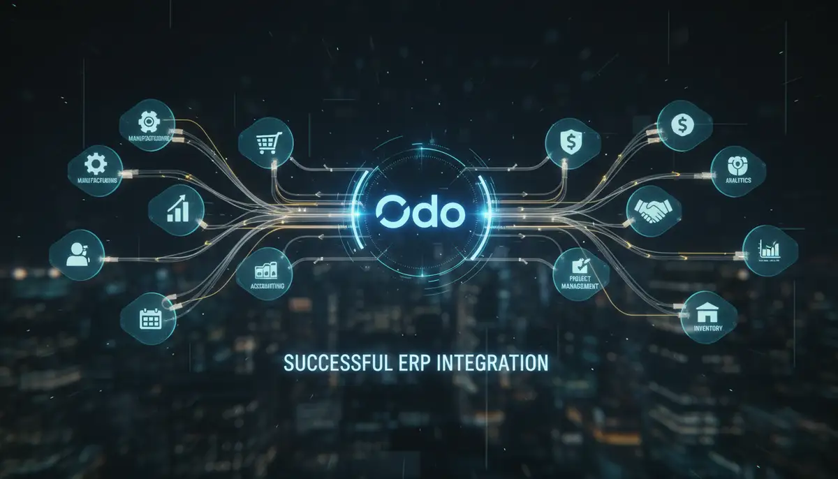 A complex network of business applications seamlessly connected, with the Odoo logo at the center, representing successful Odoo ERP integration.